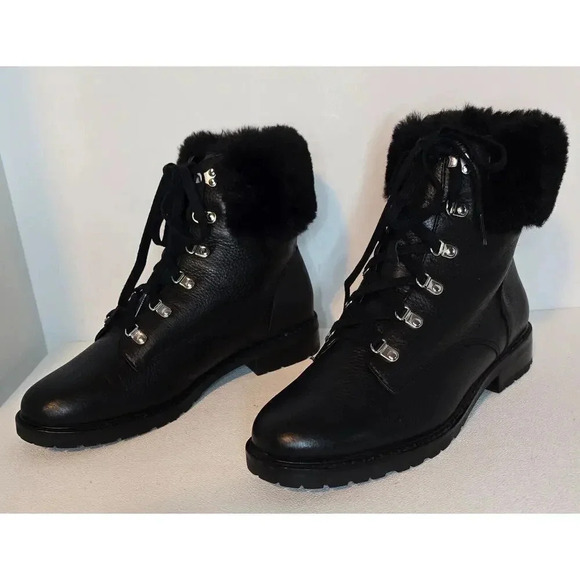 WOMEN'S LAUREN RALPH LAUREN LEATHER TIE ANKLE BOOTS LANESCOT FAUX FUR BLACK 10 B - Picture 4 of 12